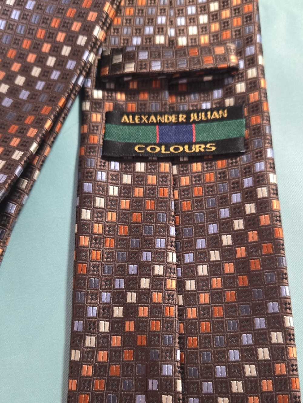 Alexander Julian Brown Tie with Orange and Light Blue Squares